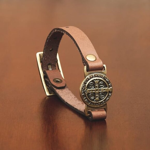 St Benedict Genuine Leather Protection Bracelet - Made in Brazil Medium - Brown - Picture 2 of 4